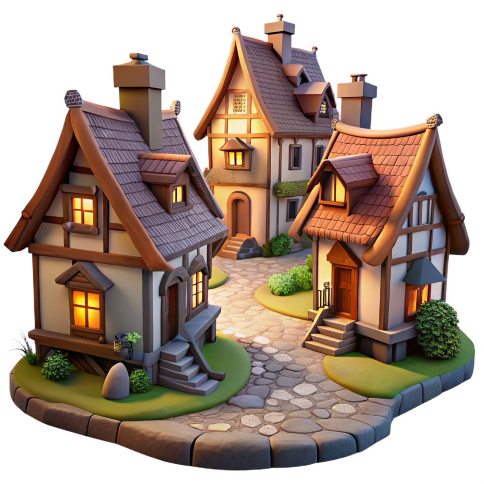 glorious celebrated A medieval village with cobblestone streets and thatched roof cottages, warm afternoon light, fantasy art png