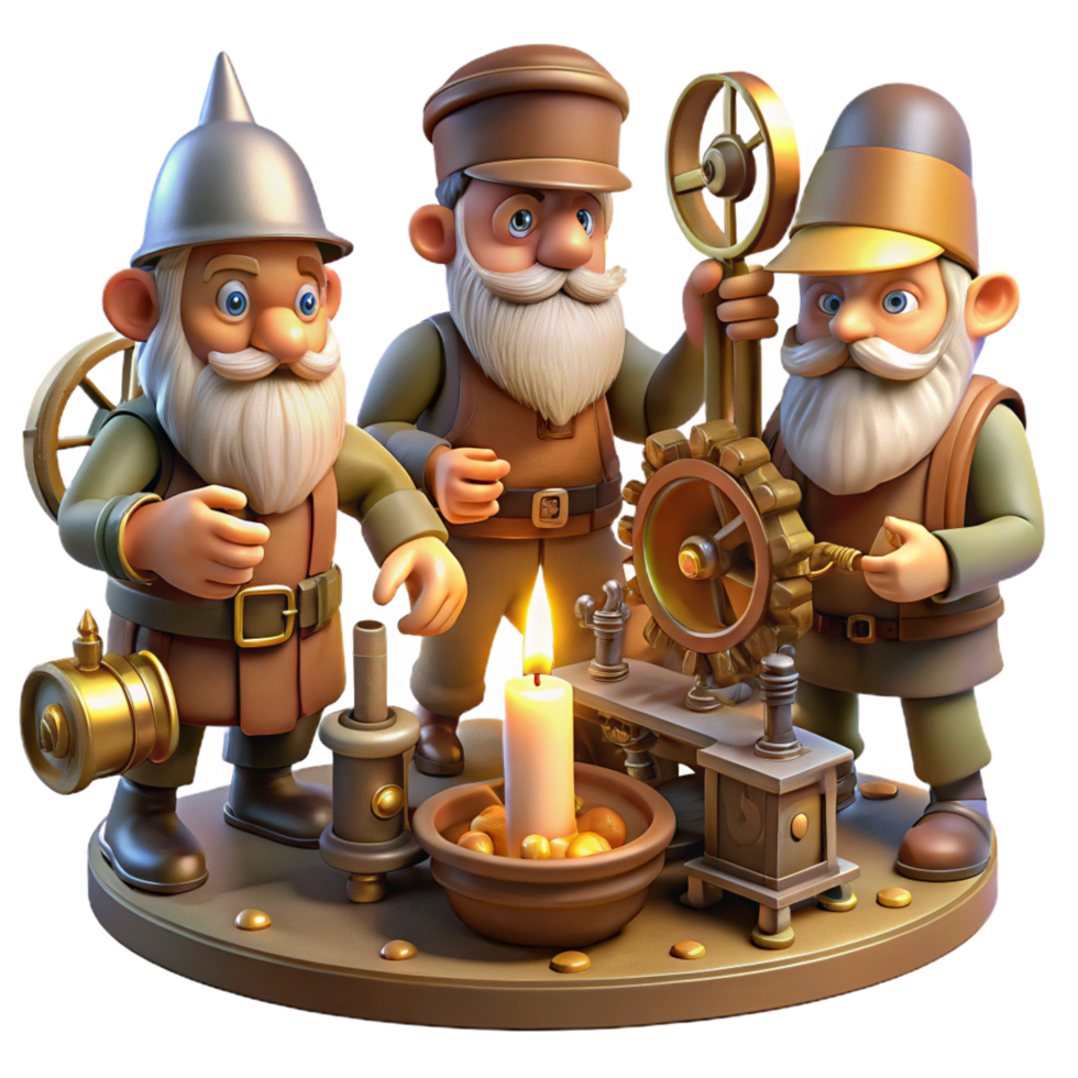 exquisite sought after A group of gnomes crafting intricate clockwork devices in a dimly lit workshop, warm candlelight, detailed and steampunk style png