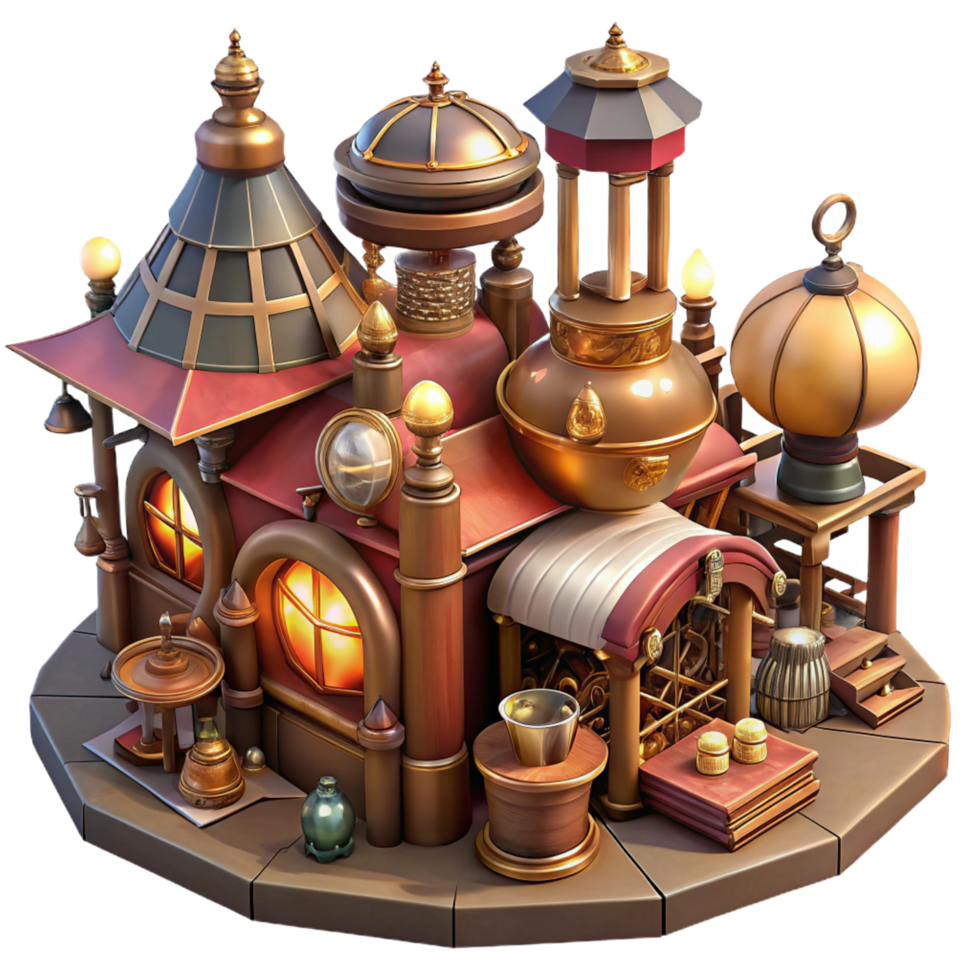 quintessential bohemian A bustling steampunk marketplace, filled with bizarre inventions, flickering gaslights, warm, inviting lighting, detailed painting style precision png
