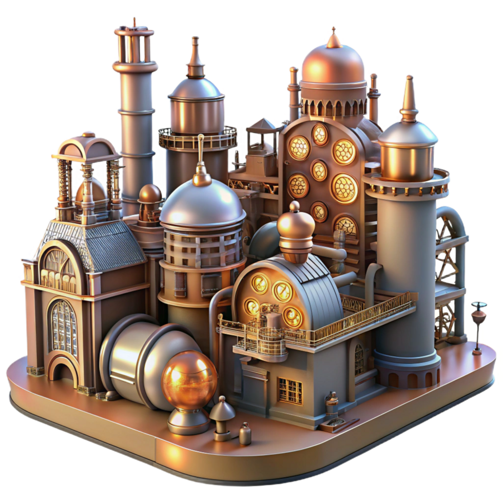 distinguished creative A bustling steampunk city, towering clockwork buildings, intricate pipes and gears, bathed in the warm glow of gaslight, hyperrealistic, detailed architecture fine detail png