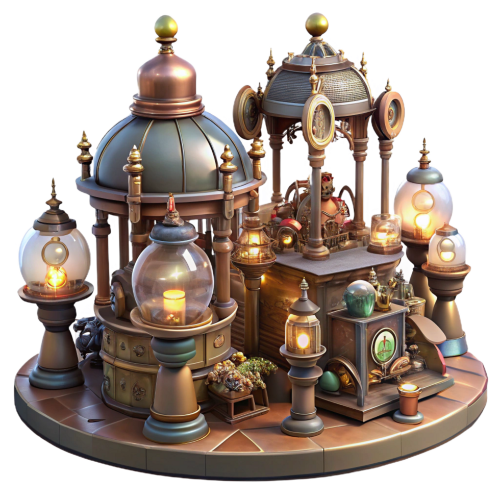alluring memorable A bustling steampunk marketplace, filled with intricate automatons and quirky vendors, lit by flickering gaslights and glowing orbs, art nouveau style png
