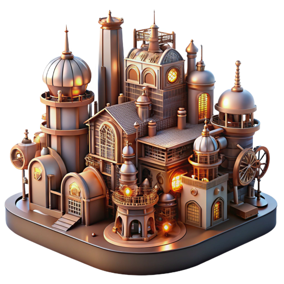dazzling harmonious minimalist A bustling steampunk city, towering clockwork buildings, intricate pipes and gears, bathed in the warm glow of gaslight, hyperrealistic, detailed architecture authentic png