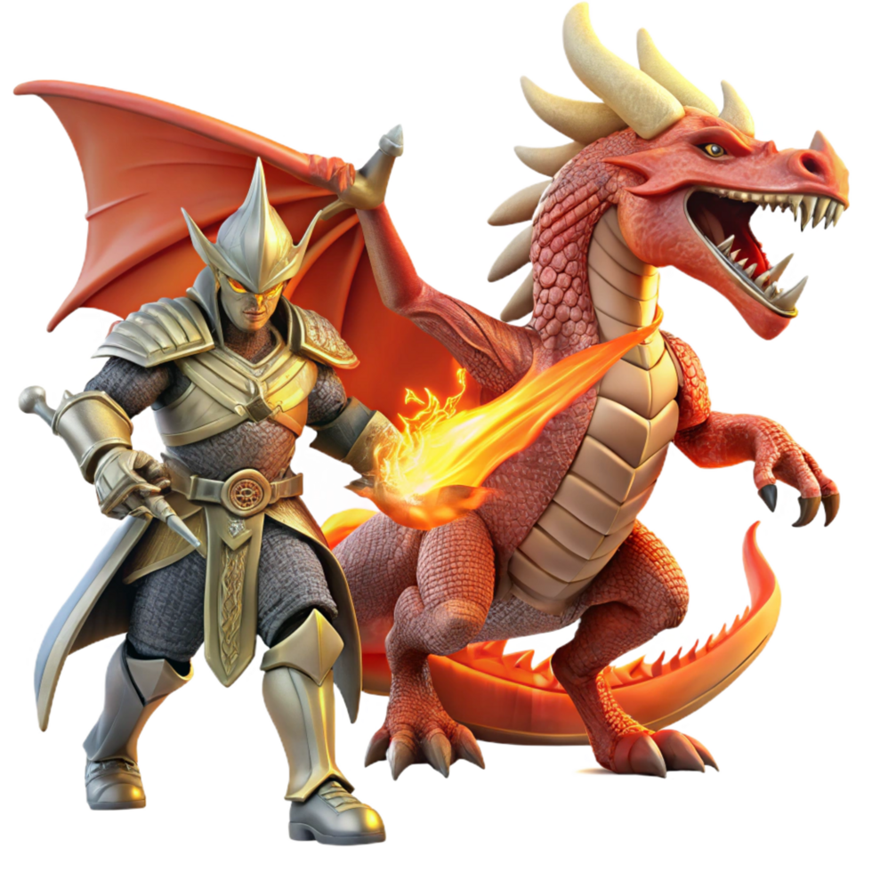 dazzling contemporary A brave knight battling a fearsome dragon, fiery lighting, heroic fantasy art style authentic png