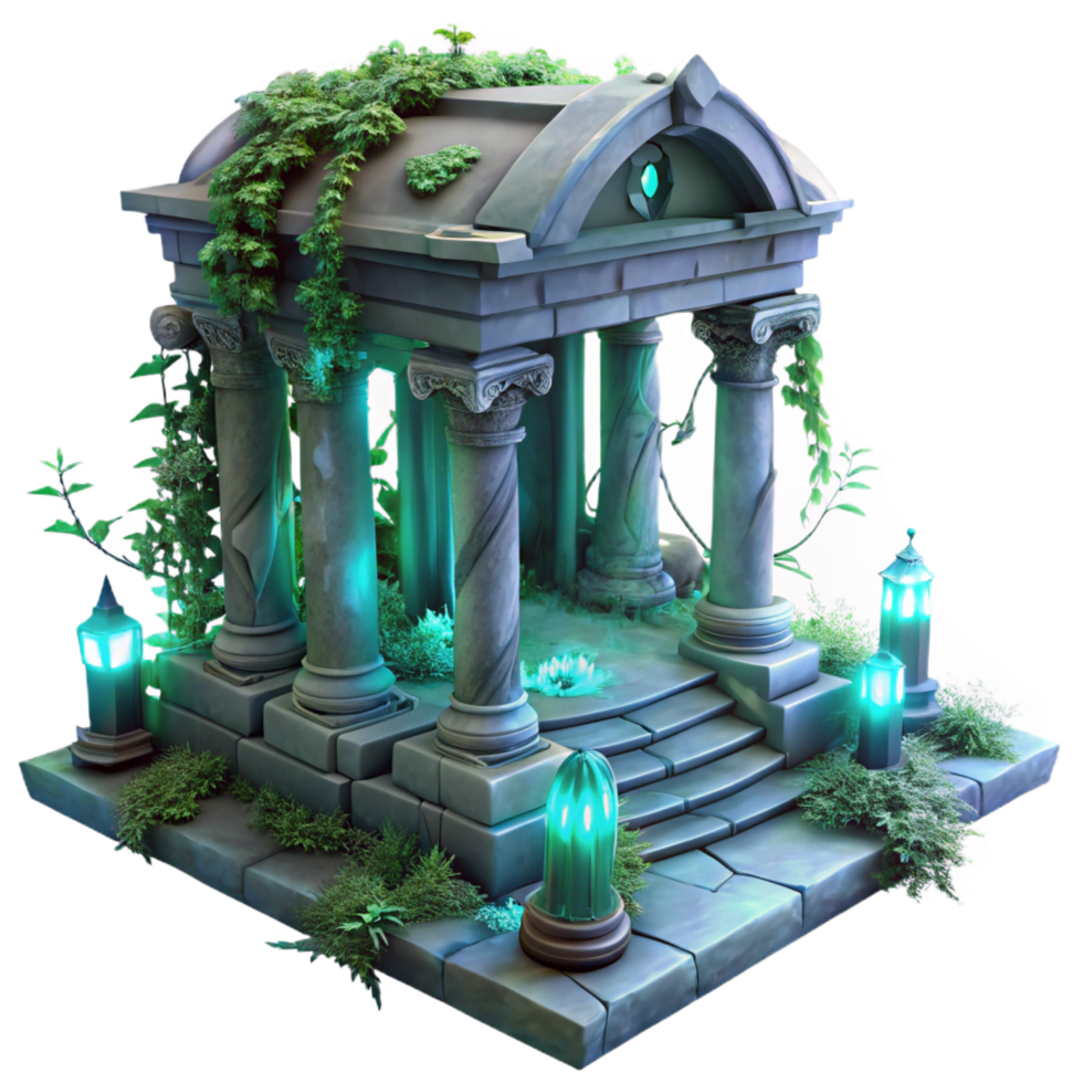 impressive harmonious renaissance A crumbling, forgotten temple overgrown with luminous, bioluminescent vines, cool, mysterious lighting, dark fantasy art style studio quality png