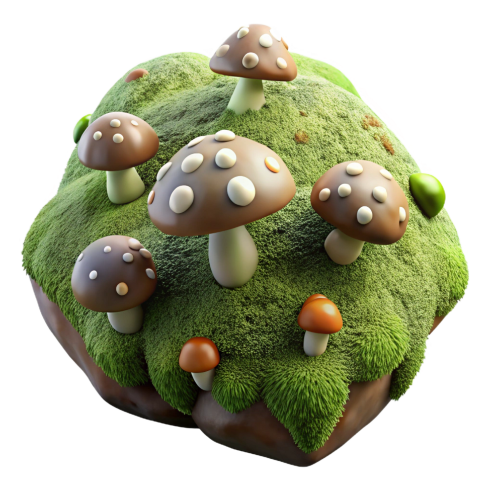 splendid whimsical rustic A mossy rock covered in tiny mushrooms, macro photography, soft, diffused light, earthy tones, original png