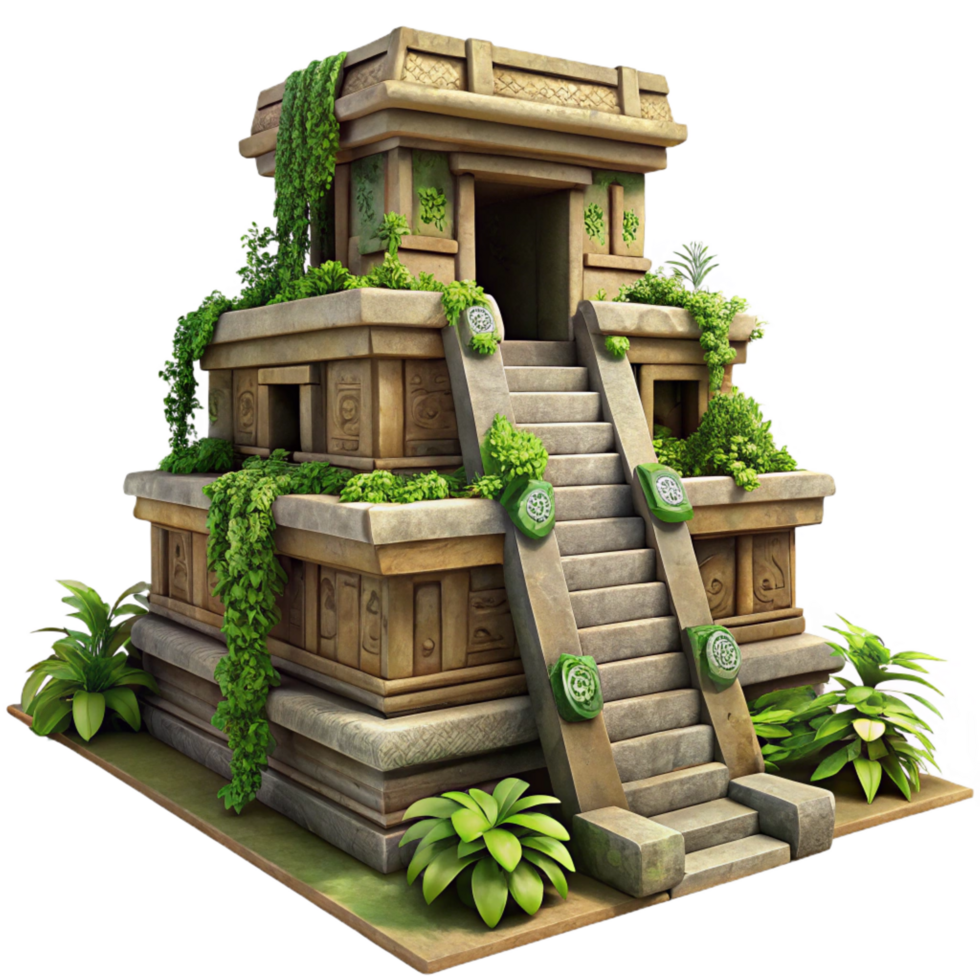 reflective serene An ancient Mayan temple in the jungle, intricate carvings, overgrown with vines, dappled sunlight original png