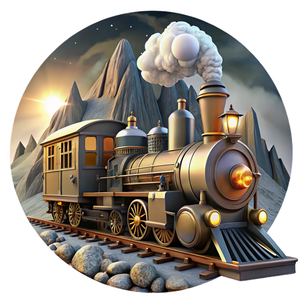 striking iconic A majestic steampunk train, powered by visible steam engines and gears, speeding through a mountainous landscape, lit by a full moon. Dynamic, cinematic style png