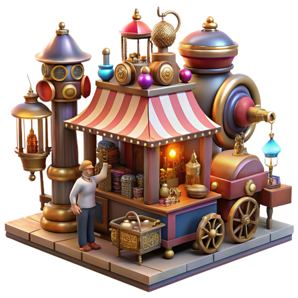 hypnotic bohemian A bustling steampunk marketplace, filled with vendors selling fantastical gadgets and automatons, vibrant colors, dynamic lighting, art nouveau style expertly shot png
