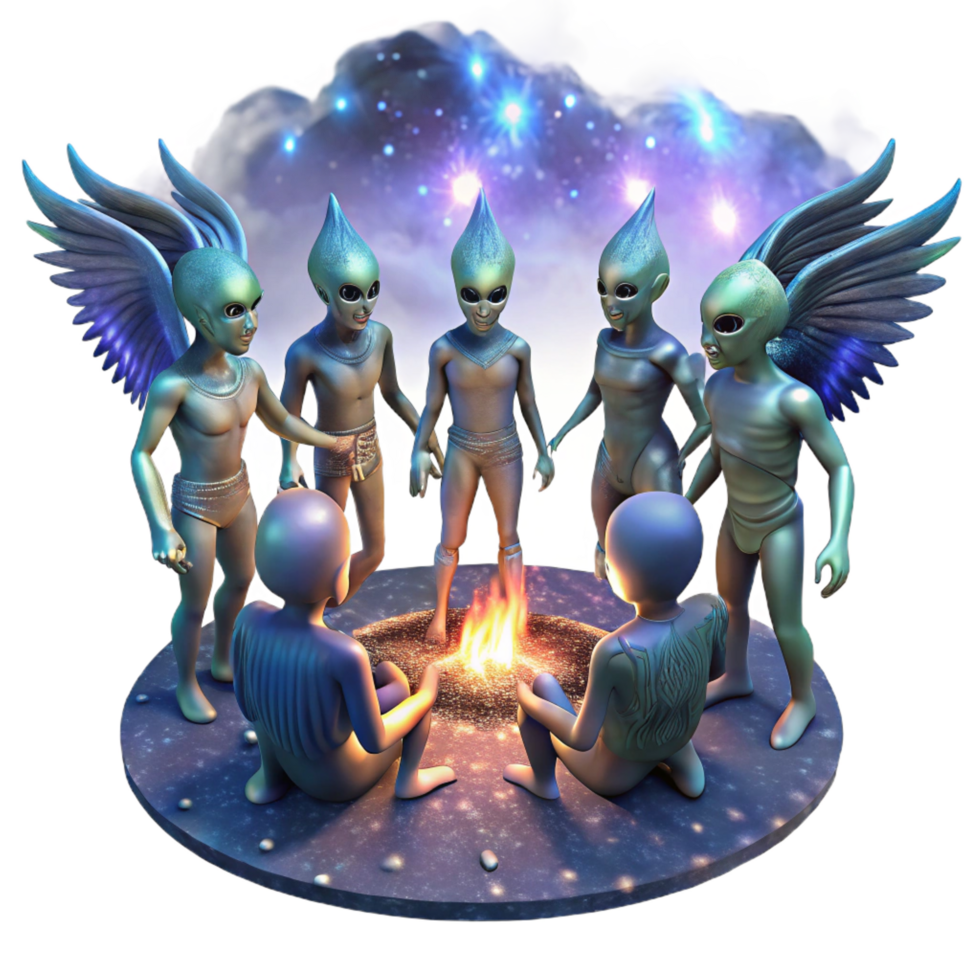 standout classic A group of humanoid aliens, with iridescent skin and feathered wings, gather around a bonfire beneath a sky filled with swirling constellations. Dreamlike, fantasy art style refined png
