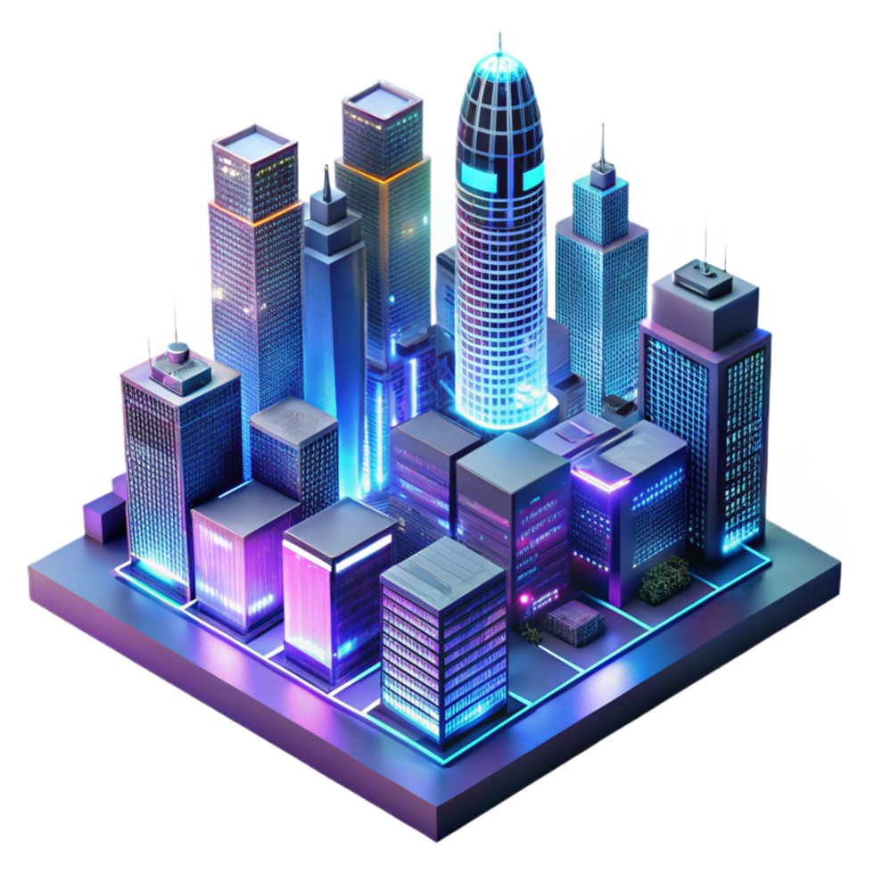 magnificent intense baroque A futuristic cityscape at night, skyscrapers adorned with holographic advertisements, neon lights reflecting in rain slicked streets, cinematic style museum quality png