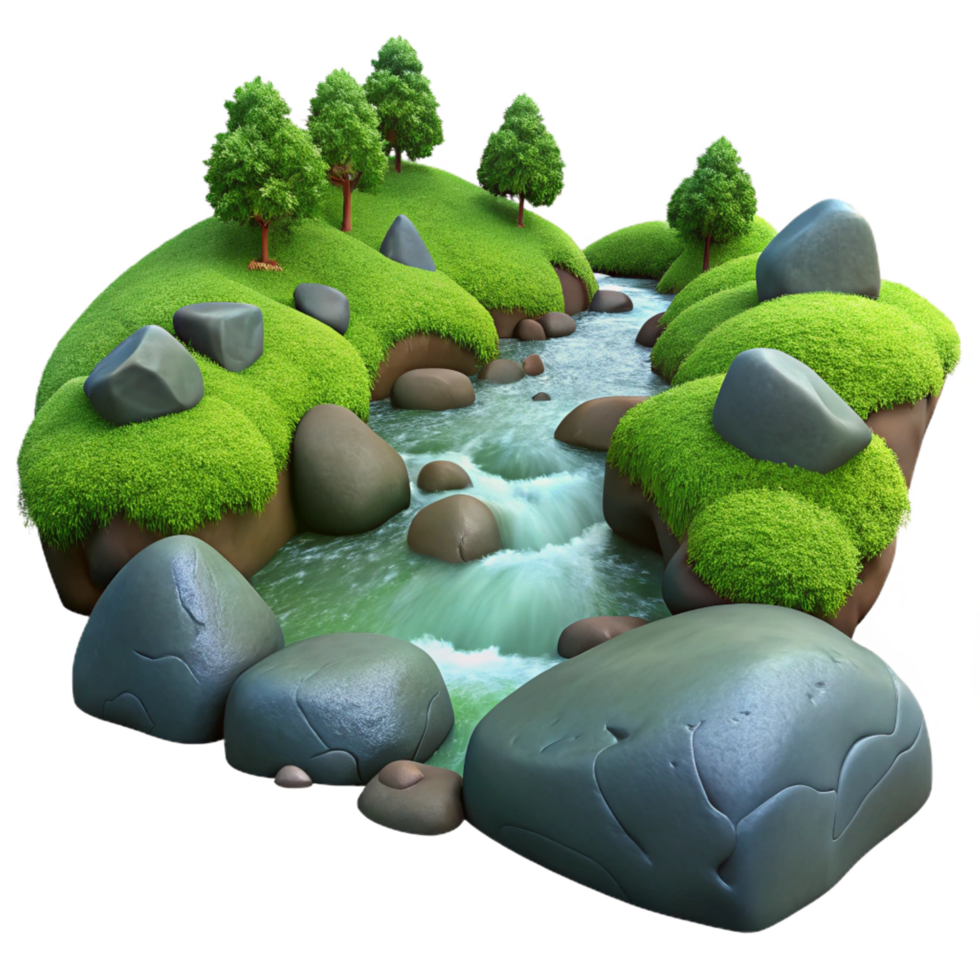 splendid ethereal baroque A babbling brook flowing through a forest, mossy rocks, tranquil and serene, long exposure, studio quality png