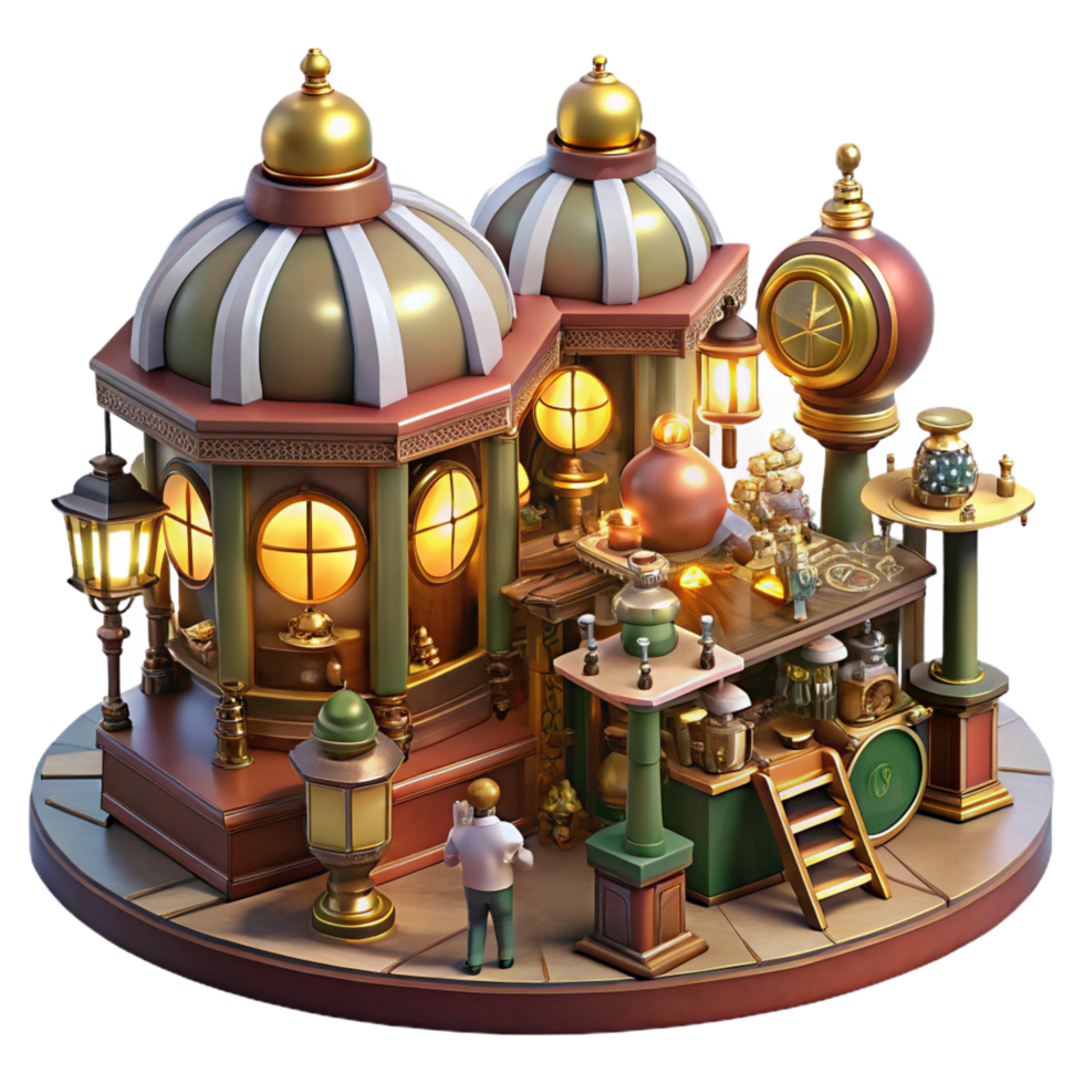 harmonious magnificent A bustling steampunk marketplace, filled with intricate automatons and quirky vendors, lit by flickering gaslights and glowing orbs, art nouveau style crisp png