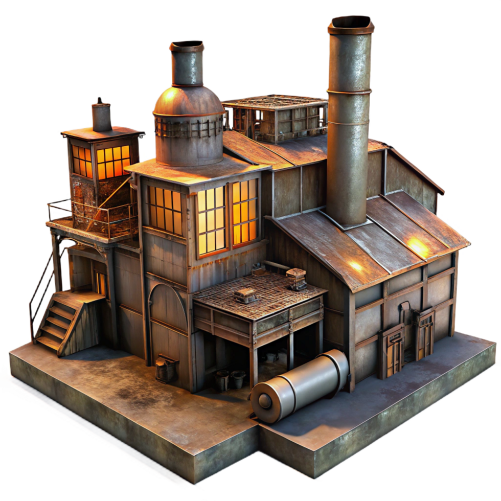 spectacular industrial An abandoned industrial factory, rusted metal, dim ambient lighting, dystopian atmosphere, grunge style, premium png