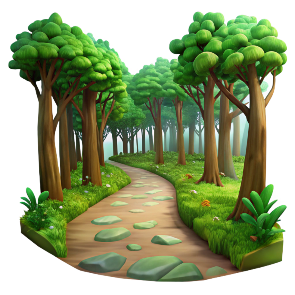 dramatic dynamic urban A winding path through a lush, green forest, dappled sunlight filtering through the canopy, Impressionist painting style sharp png