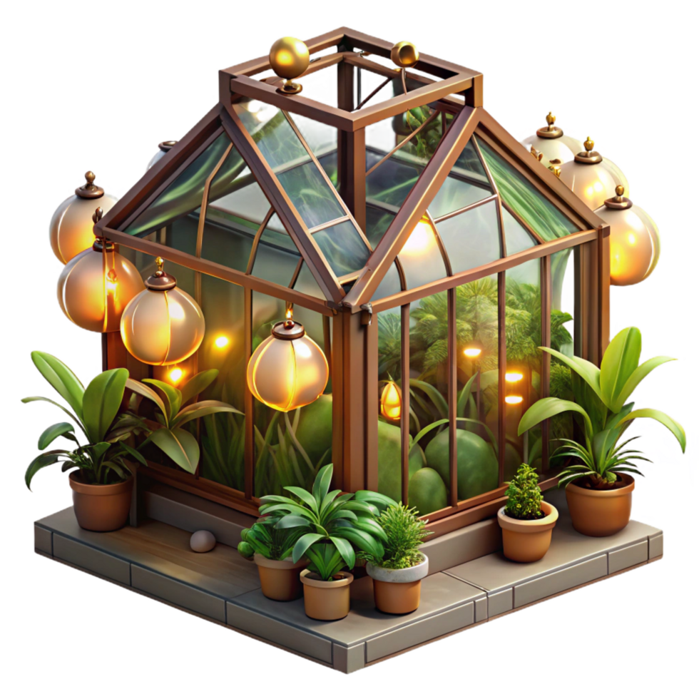 standout renaissance A steampunk greenhouse, filled with exotic mechanical plants and glowing orbs, bathed in the warm light of artificial suns, in a lush, botanical style 4K png