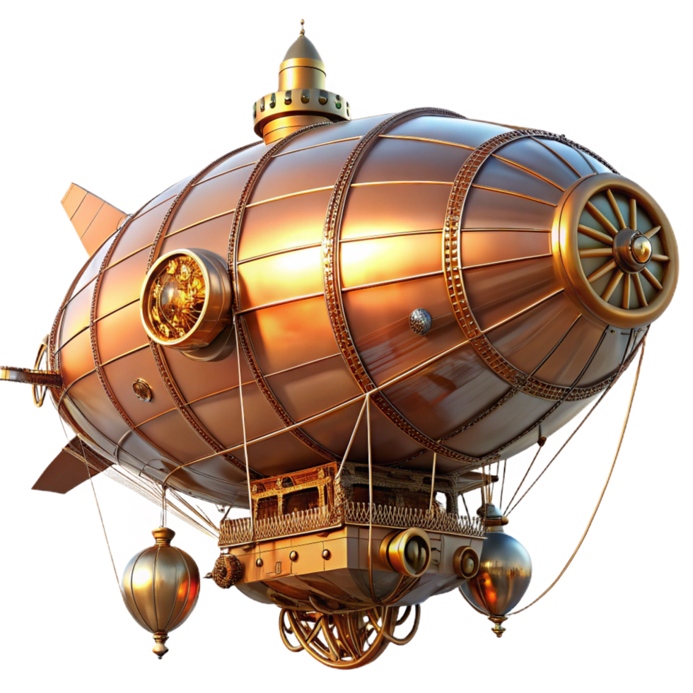 harmonious stunning A majestic steampunk airship, copper and brass, intricate clockwork gears visible, bathed in the warm glow of sunset, highly detailed, cinematic lighting ultra HD png