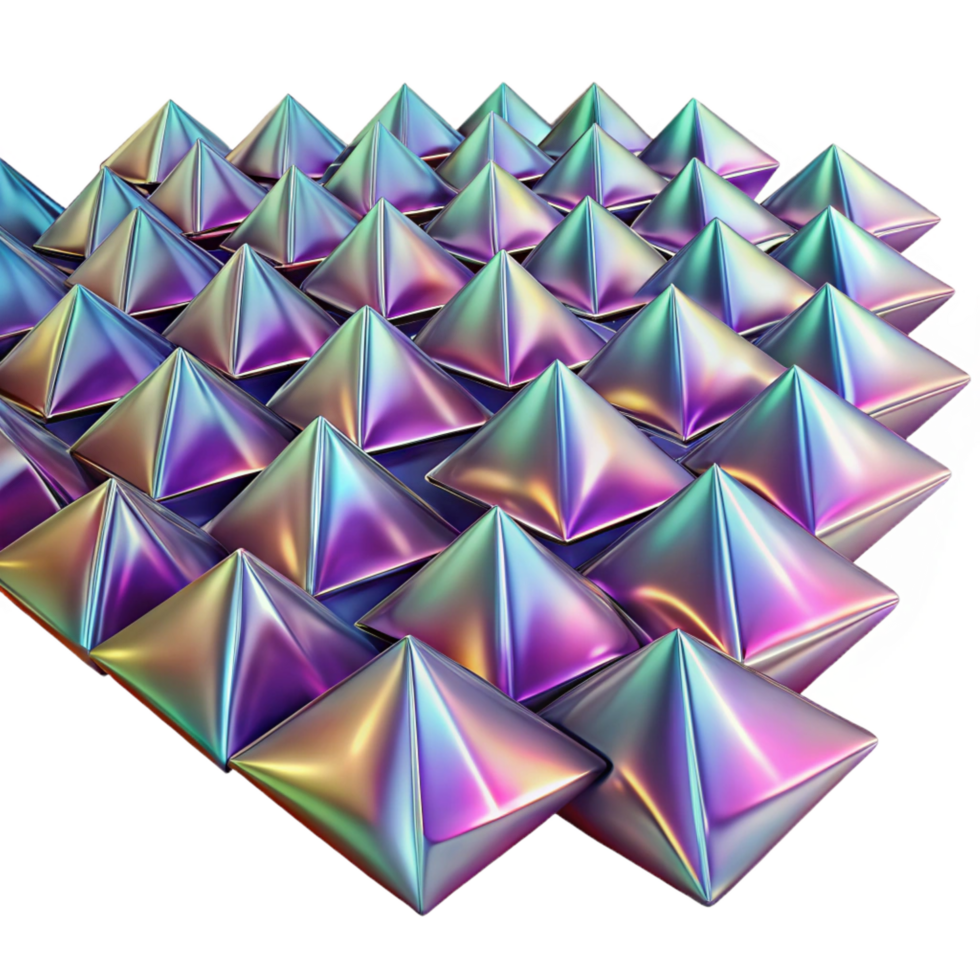 spectacular dreamy minimalist A field of tessellated, iridescent triangles, shifting and morphing under a pulsating, strobe like light. Synthwave style sharp png