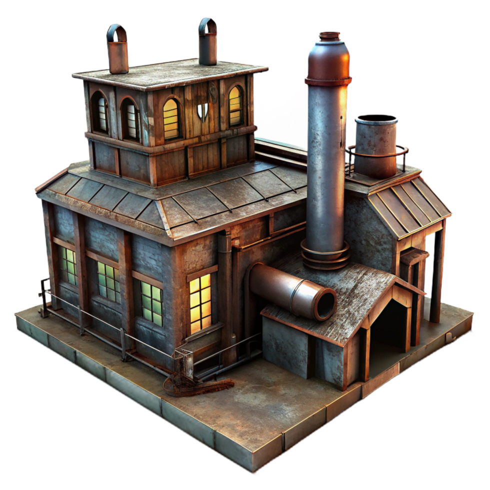 gorgeous rare An abandoned industrial factory, rusted metal, dim ambient lighting, dystopian atmosphere, grunge style, png