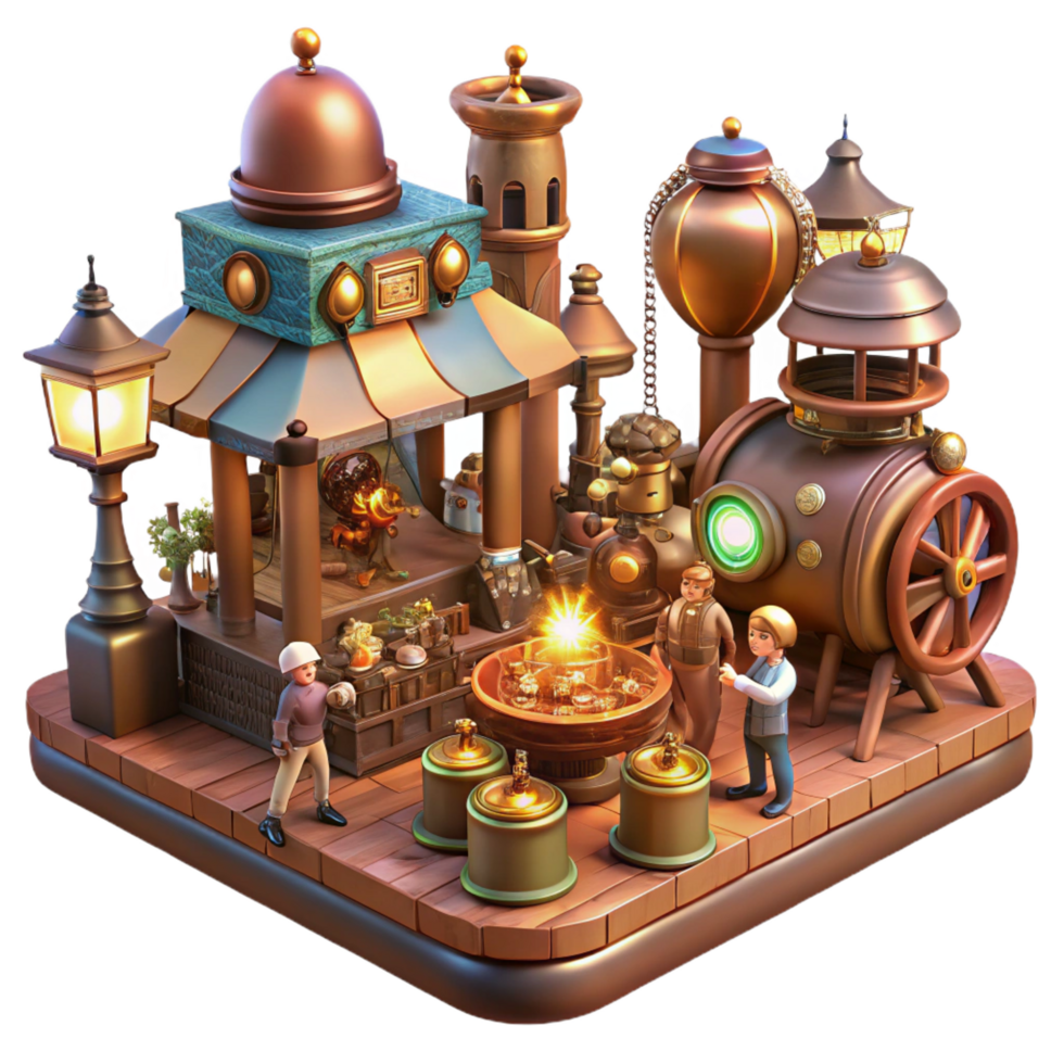 romantic spectacular A bustling steampunk marketplace, filled with vendors selling bizarre gadgets and automatons, warm gaslight illumination, a chaotic and vibrant scene refined png