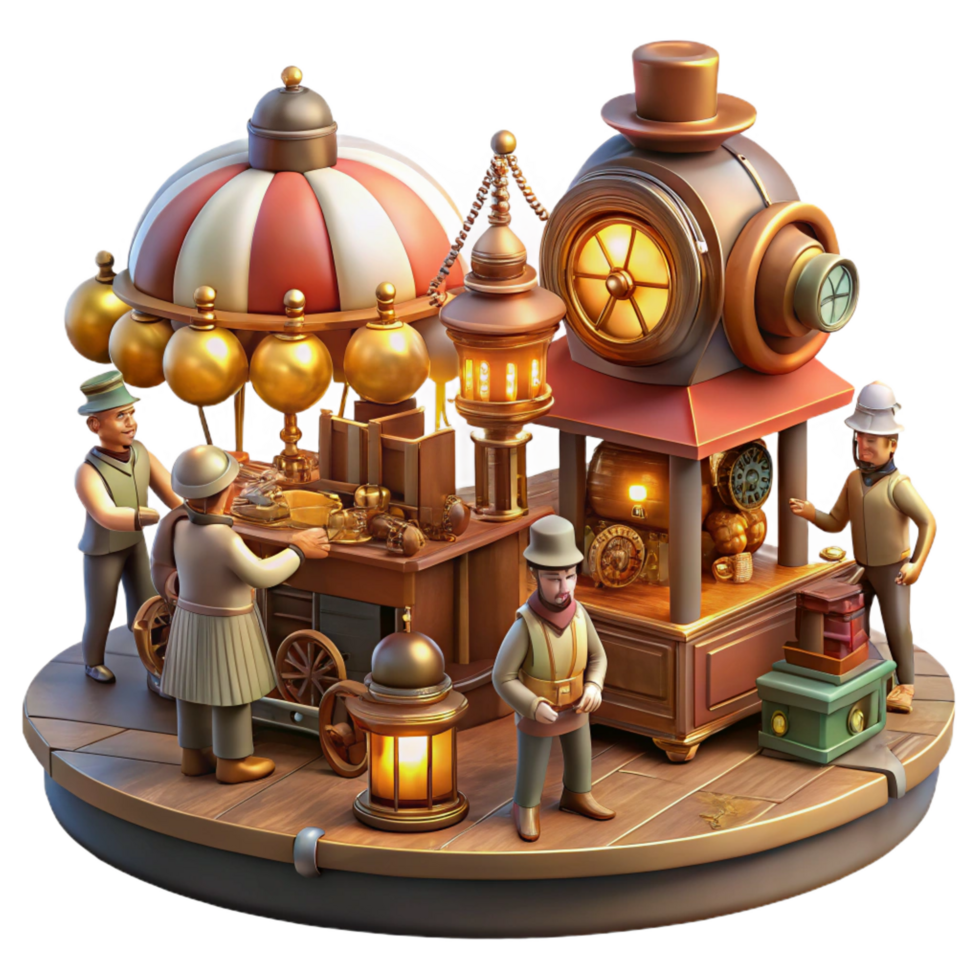 hypnotic distinguished A bustling steampunk marketplace, filled with vendors selling bizarre gadgets and automatons, warm gaslight illumination, a chaotic and vibrant scene png