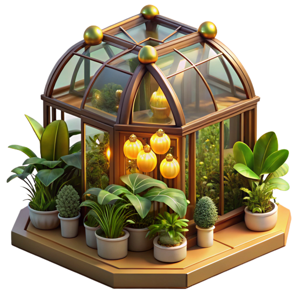 hypnotic modern A steampunk greenhouse, filled with exotic mechanical plants and glowing orbs, bathed in the warm light of artificial suns, in a lush, botanical style 8K png