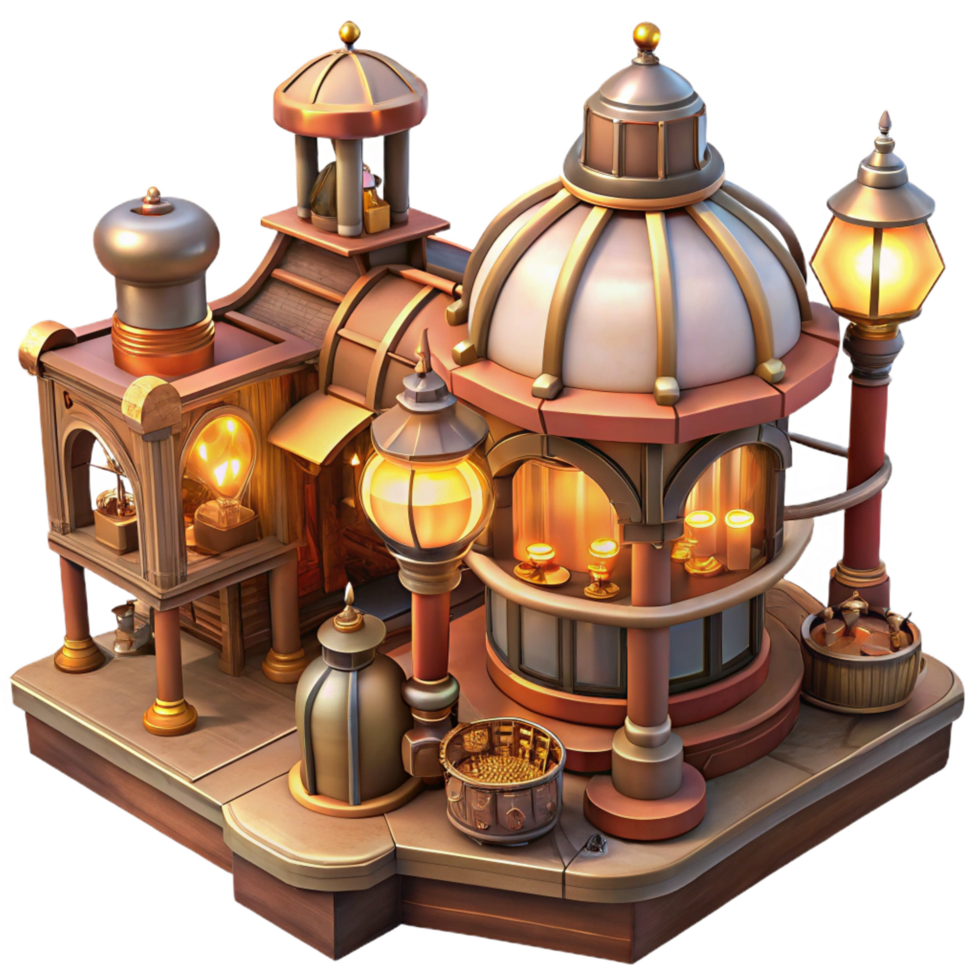 unparalleled retro A bustling steampunk marketplace, filled with bizarre inventions, flickering gaslights, warm, inviting lighting, detailed painting style detailed png