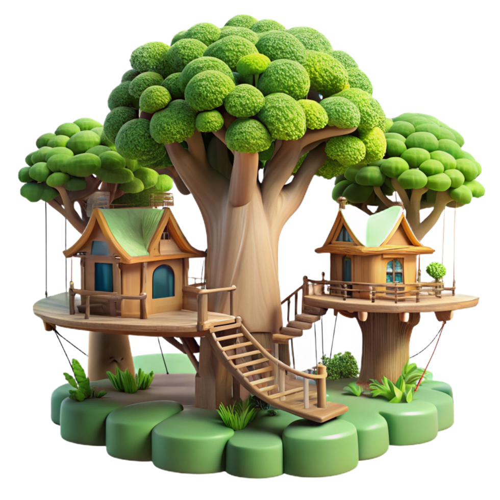 harmonious stunning A treehouse village interconnected by rope bridges, lush foliage, dappled sunlight, whimsical atmosphere, fantasy style, elite png