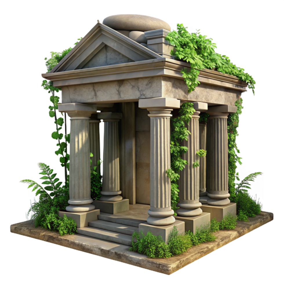 hypnotic joyful impressionist A crumbling ancient temple overgrown with vines, dappled sunlight, hyperrealistic, romanticism style, premium png