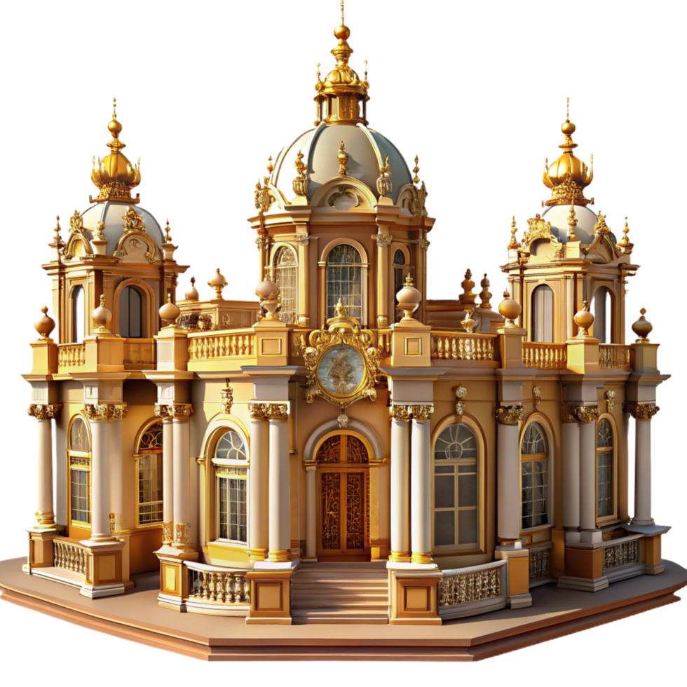 playful mesmerizing An elaborate Baroque palace with gilded decorations and intricate sculptures, warm afternoon sunlight, digital painting style premium png