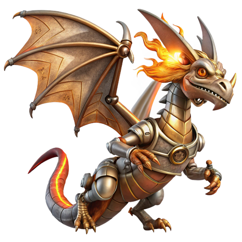 radiant renaissance A steampunk dragon, metallic scales, steam powered wings, fiery breath, dramatic backlighting, fantasy art style 8K png