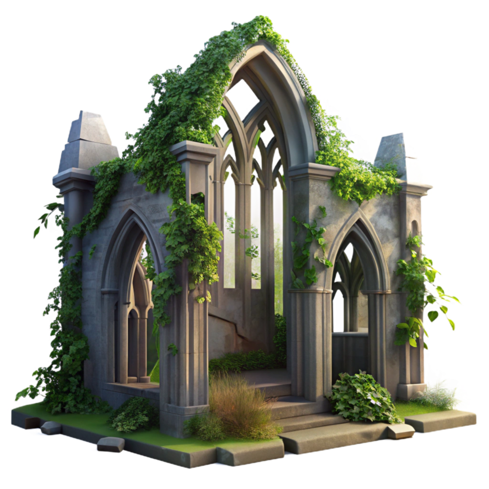 rare creative A crumbling gothic cathedral overgrown with ivy, dappled sunlight filtering through broken stained glass, hyperrealistic style luxury png