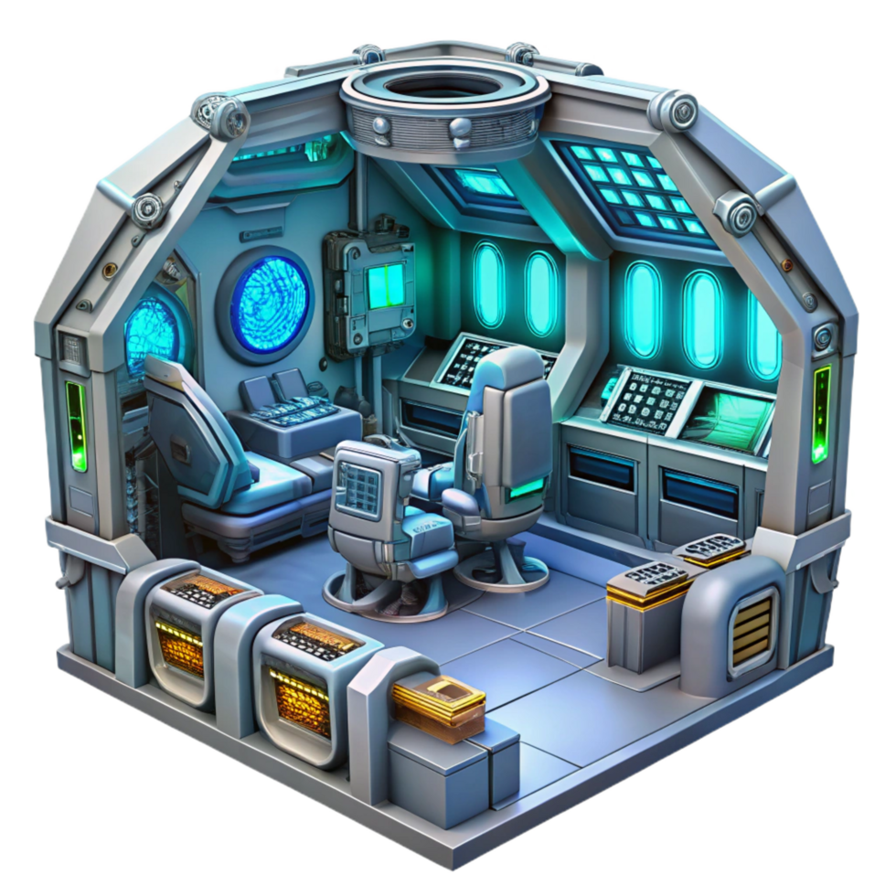 calm vibrant A highly detailed, bio mechanical spaceship interior, filled with complex machinery and glowing displays. Hard surface modeling style. Interior lighting crisp png