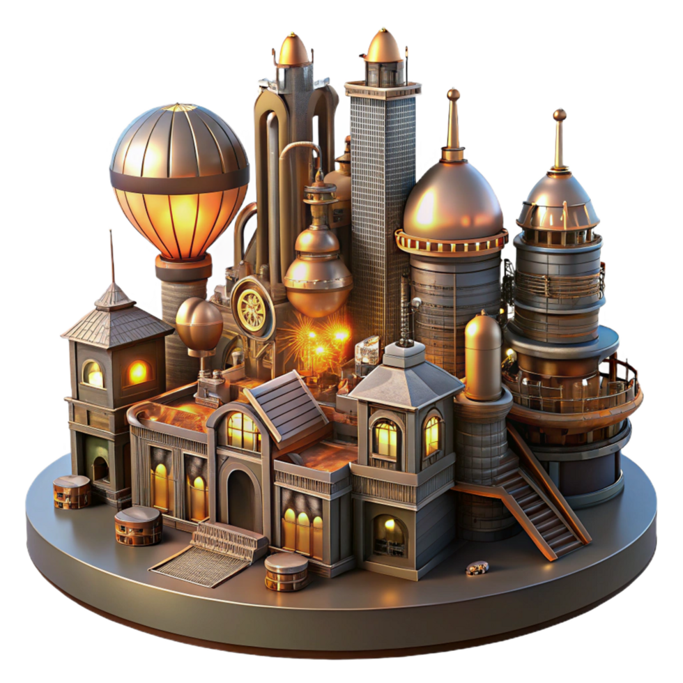 gorgeous modern A steampunk cityscape, with towering buildings adorned with gears, pipes, and airships, illuminated by the warm glow of gaslight, in a detailed, panoramic style flawless png
