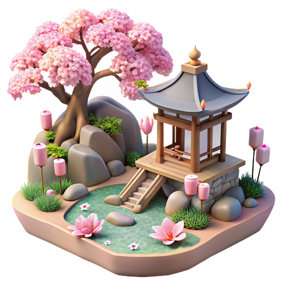 majestic bohemian A traditional Japanese garden with a koi pond, stone lanterns, cherry blossoms, serene atmosphere, peaceful, original png