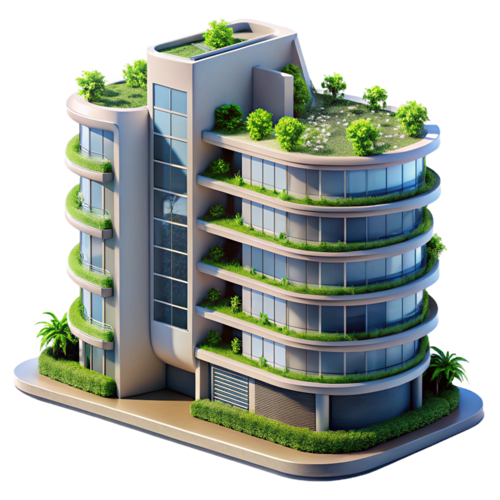 sought after futuristic A futuristic apartment complex with vertical gardens, sleek design, sustainable architecture, bright sunlight, utopian, perfect clarity png