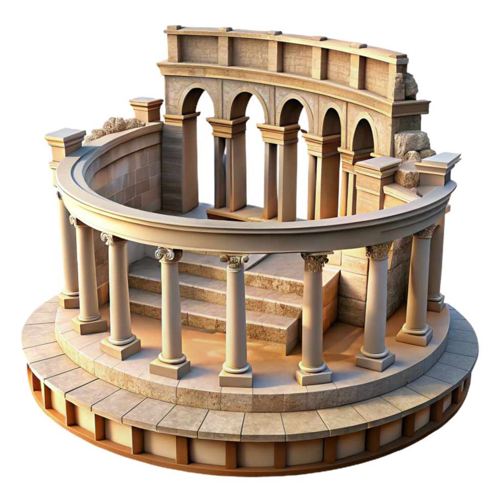 alluring melancholic abstract A Roman amphitheater in ruins, weathered stone, midday sunlight, historical atmosphere, classical style, high quality png