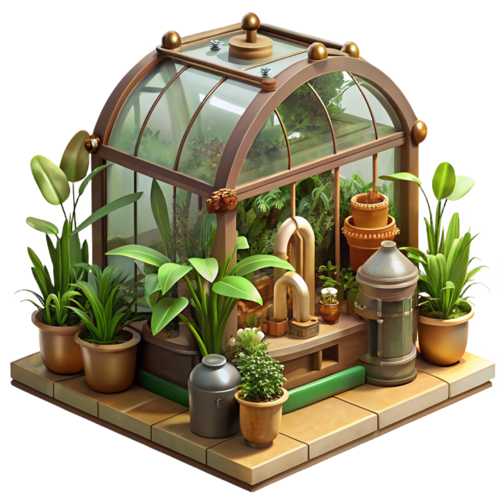 magnificent surreal A steampunk greenhouse filled with exotic plants and mechanical devices, sunlit interior, botanical illustration style 8K png
