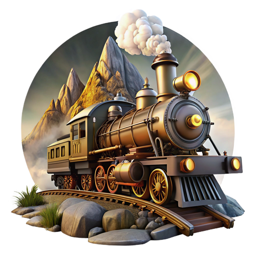 serene coastal A majestic steampunk train, powered by visible steam engines and gears, speeding through a mountainous landscape, lit by a full moon. Dynamic, cinematic style top tier png