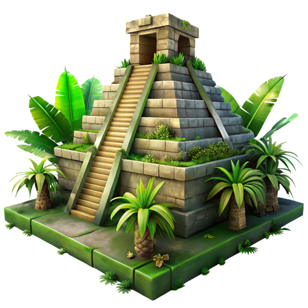 striking harmonious geometric An ancient Mayan pyramid, overgrown with jungle foliage, mysterious and atmospheric lighting, photorealistic render 8K png