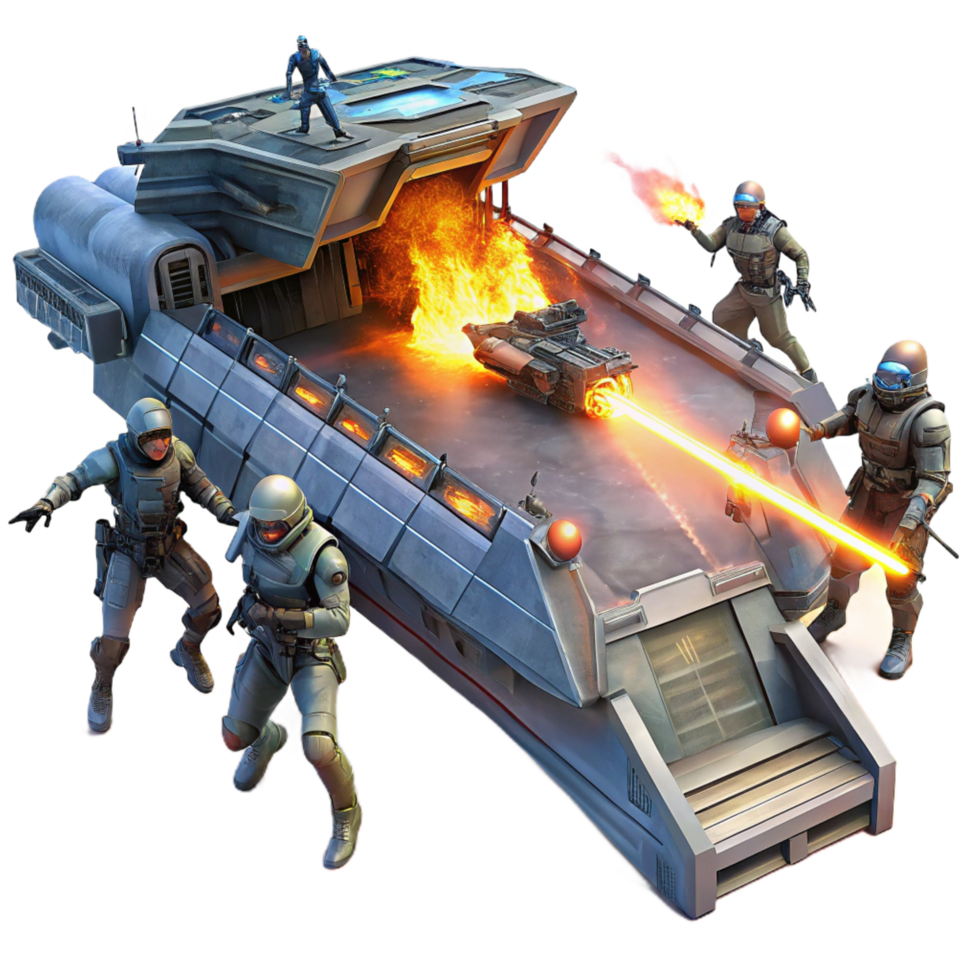 peaceful immaculate A group of space pirates boarding a derelict spaceship, laser fire illuminating the chaotic scene. Dark, gritty lighting. Space opera style handcrafted png