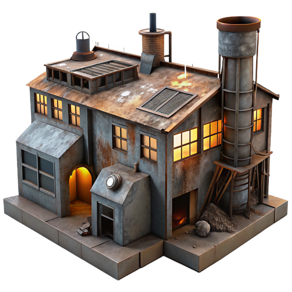 peaceful fascinating An abandoned industrial factory with rusting machinery and broken windows, dim ambient light, dystopian style professional png