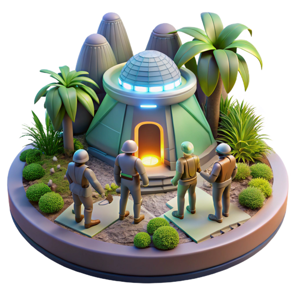 glorious distinguished A group of explorers discovering a hidden alien temple on a jungle planet. Pulp sci fi style. Adventure lighting png