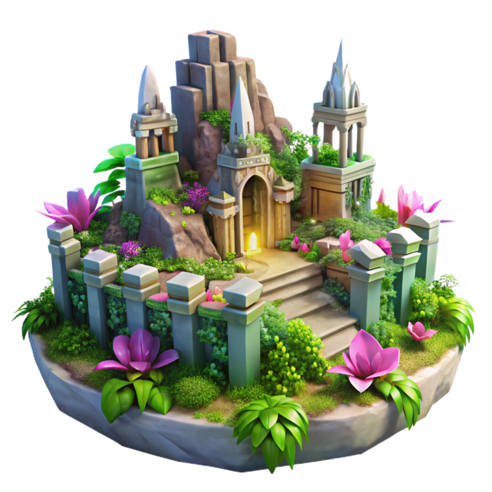 fascinating distinguished A crumbling, ancient elven city overgrown with vibrant, glowing flora, soft morning light, matte painting style png