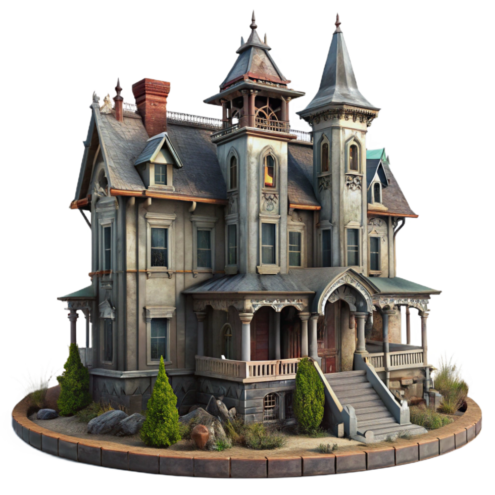 mesmerizing timeless A decaying Victorian mansion, peeling paint, overgrown gardens, overcast lighting, gothic atmosphere, horror style, png