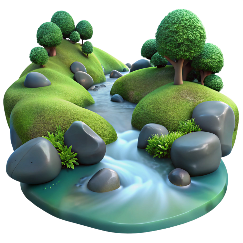 hypnotic urban A bubbling stream flowing through a mossy forest, soft diffused light, tranquil and serene, nature photography style flawless png