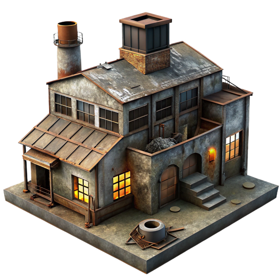 calm splendid An abandoned factory with broken windows and rusty machinery, dim industrial lighting, dystopian style handcrafted png
