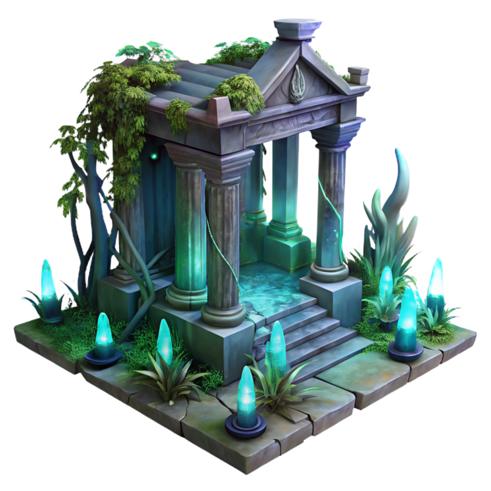 breathtaking coveted A crumbling, forgotten temple overgrown with luminous, bioluminescent vines, cool, mysterious lighting, dark fantasy art style png