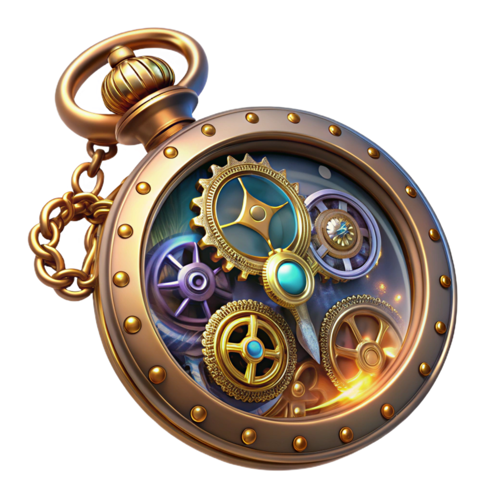 memorable abstract A steampunk pocket watch, intricate gears and dials, displaying celestial charts, ethereal lighting, fantasy art style refined png