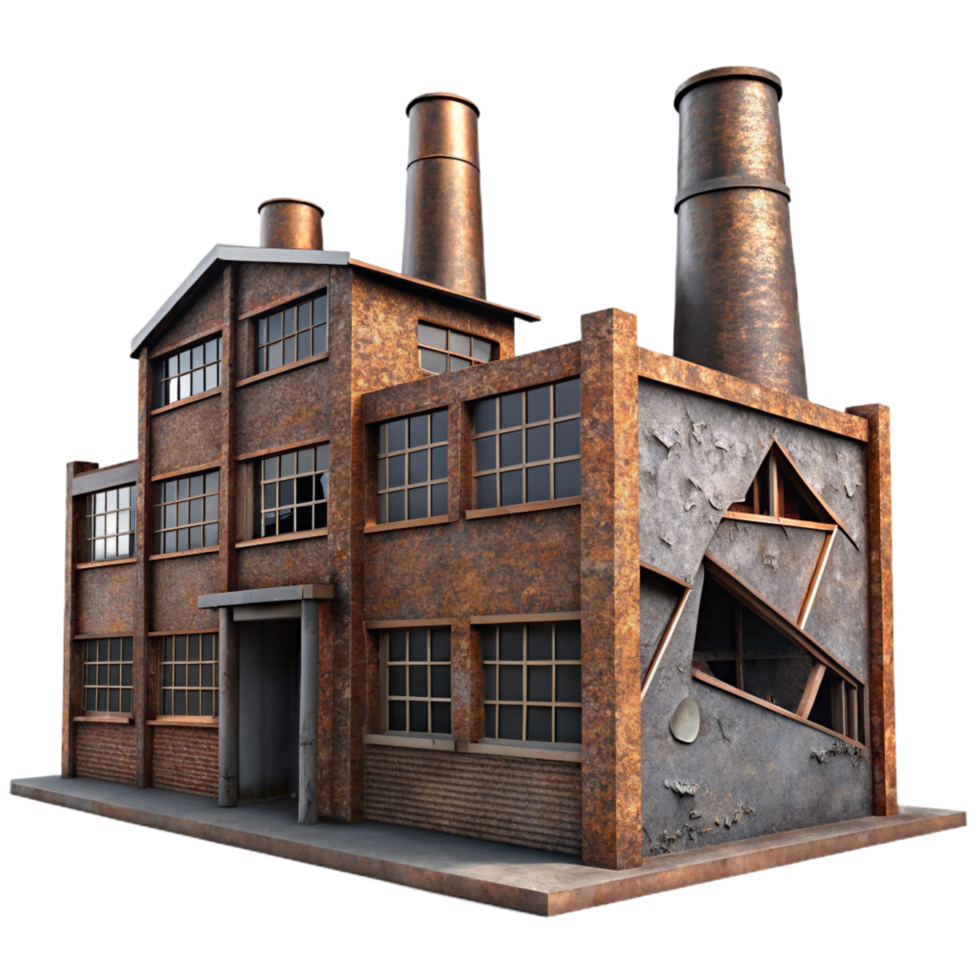 picturesque baroque An abandoned industrial factory, rusty metal and broken windows, low key lighting, grunge style top tier png