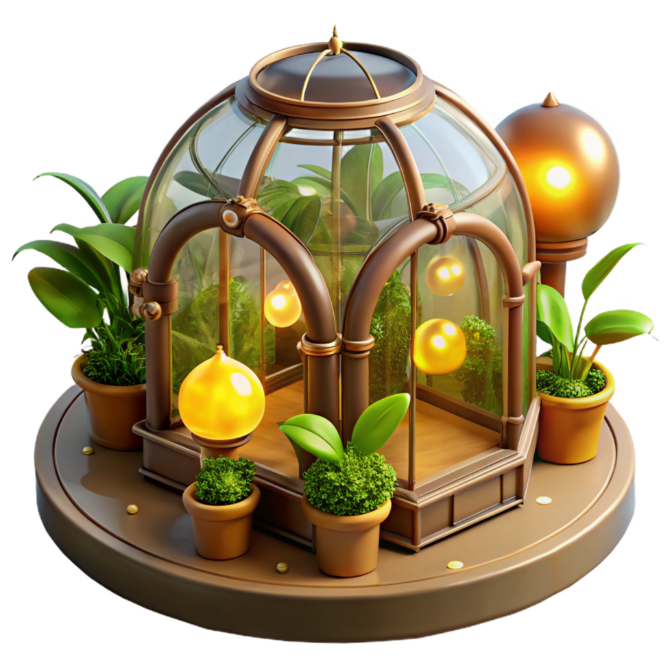 serene distinctive A steampunk greenhouse, filled with exotic mechanical plants and glowing orbs, bathed in the warm light of artificial suns, in a lush, botanical style png